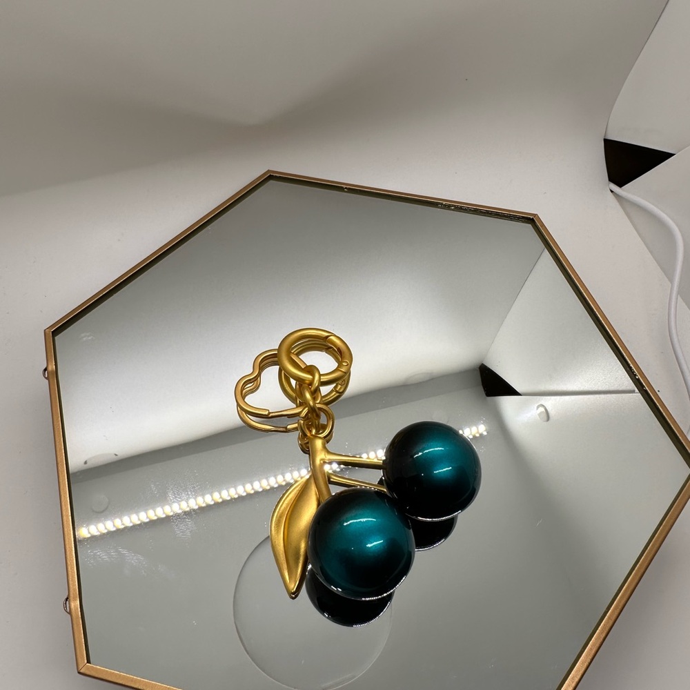 Gold Cherry Keychain with Teal Pearl Purse Charms